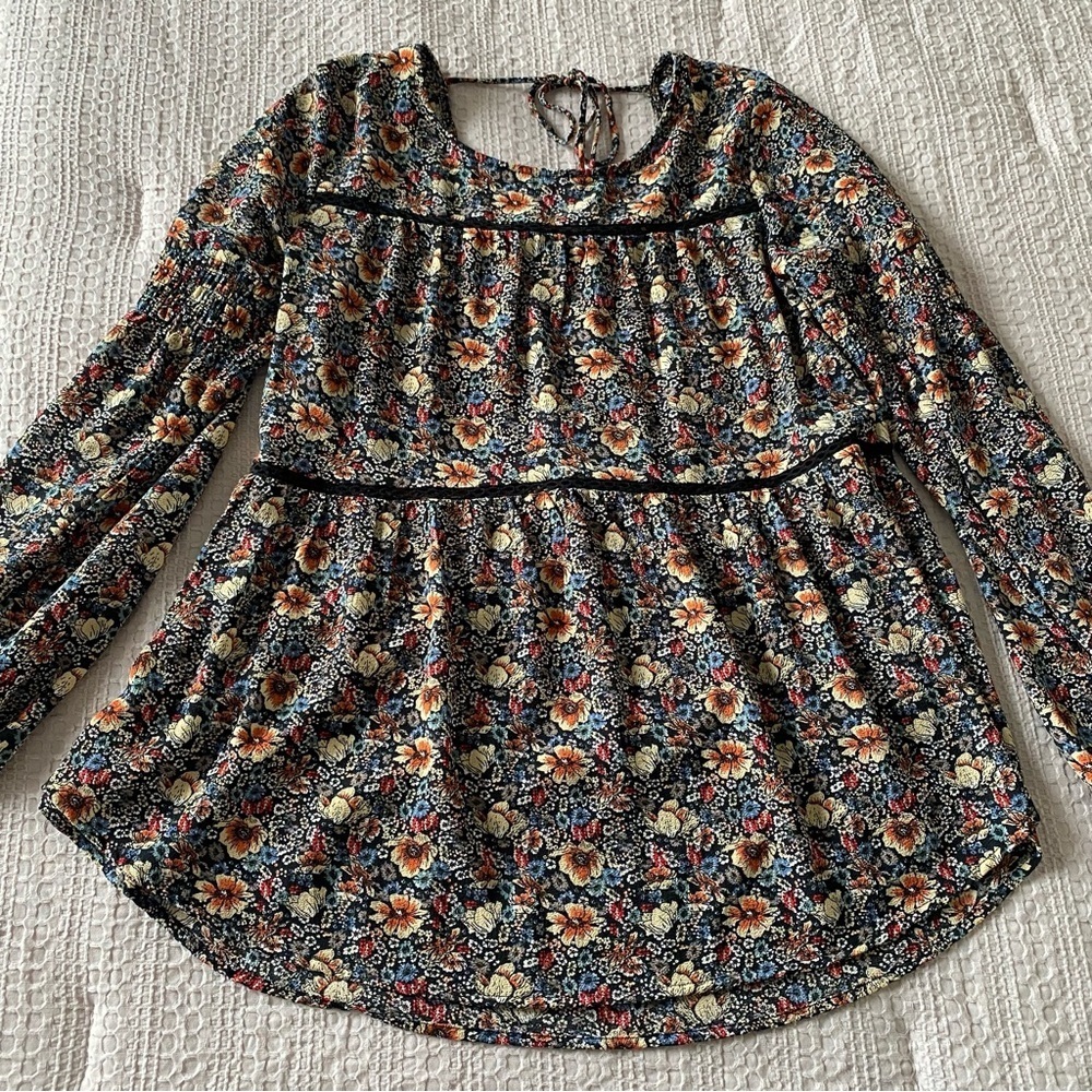 Knox Rose Small Blouse Tassel Boho Blue Multi color Flowy Floral Madewell